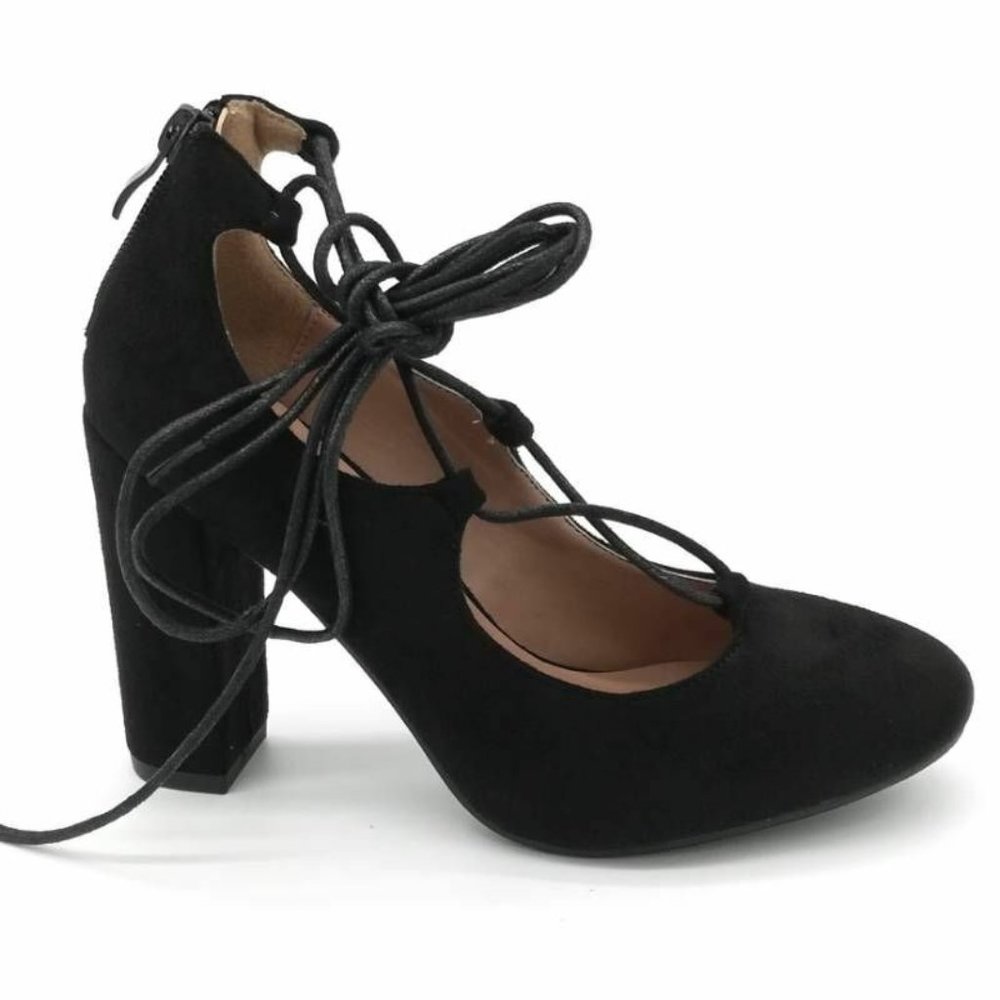 Italina Womens Classic Pump Block High Heels Shoes Black Zipper Laces 6.5 New